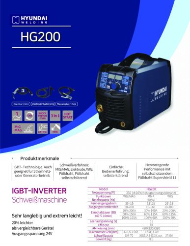 Schweißgerät HG200 3 in 1 - MIG/MAG / WIG / Elektrode